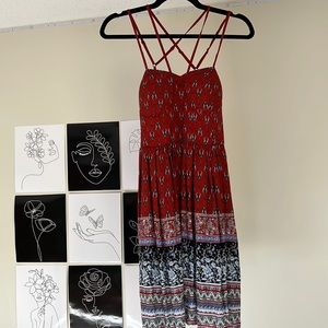 Beautiful summer dress, red/brown with hints of black and blue and white